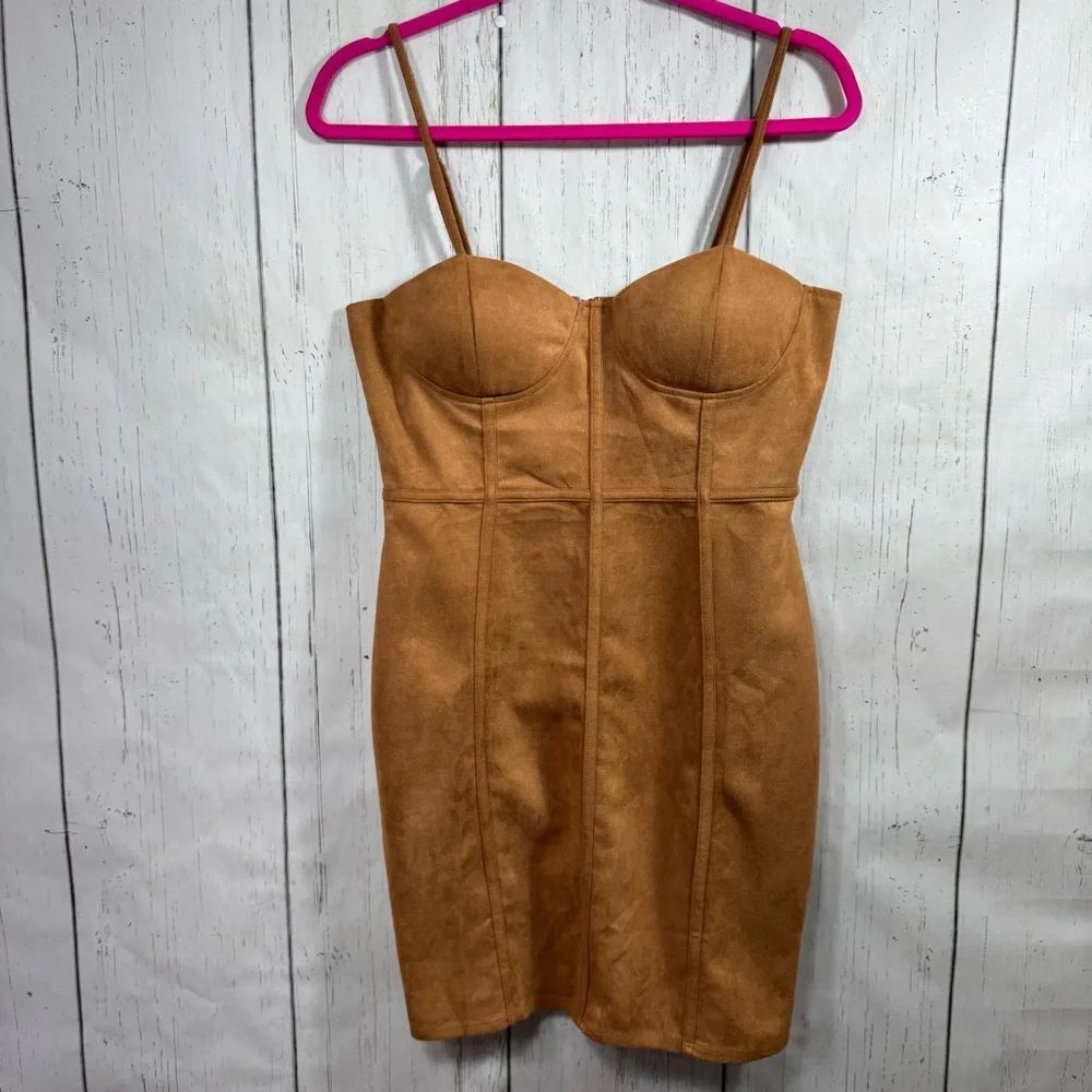 HYFVE Faux Suede Bustier Mini Dress Tan Brown L Fall Date Night Minimalist